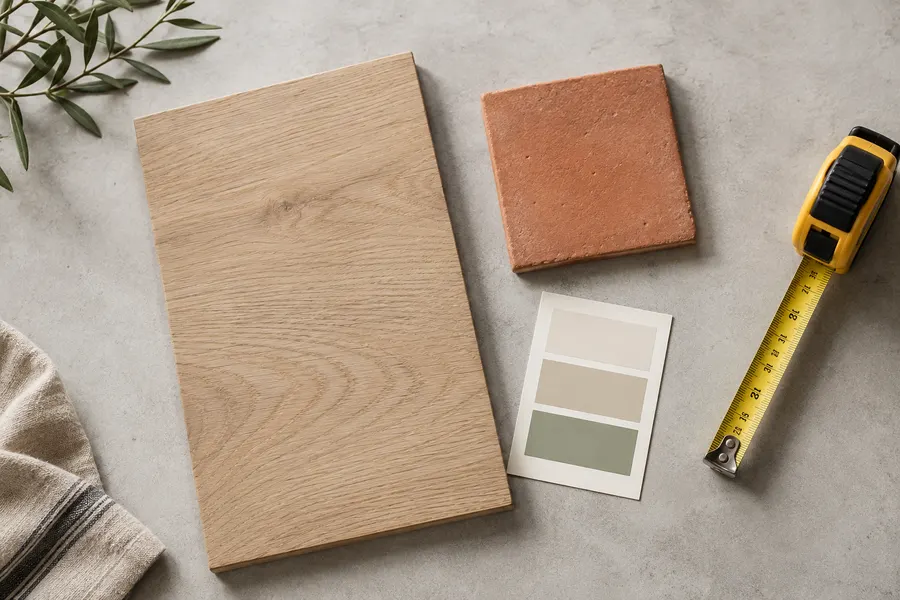 Flooring and tile samples, a paint swatch and measuring tape arranged for material planning